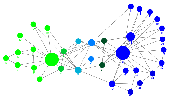 Example of a graph with two detected overlapping communities by DMID algorithm.